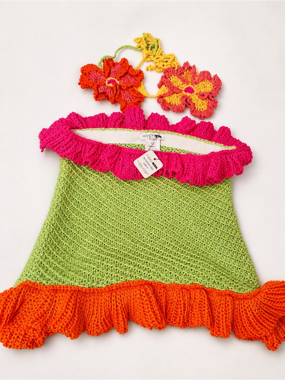 Fashion Nova Crochet Halter bra two piece set in Lime Green, Hot Pink & Orange